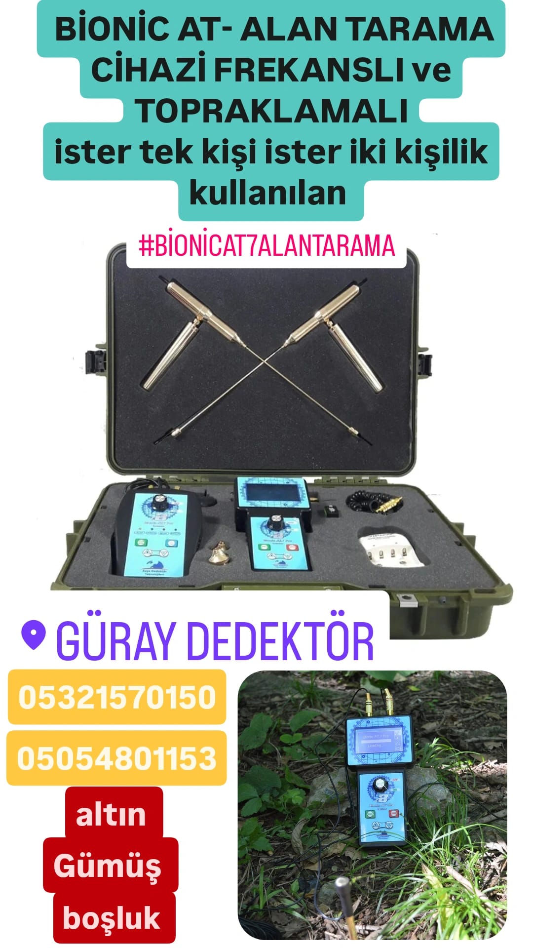 BİONİC AT-7 ALAN TARAMA CİHAZI FREKANSLI ‼️TOPRAKLAMALI ister tek ister iki kişi kullanımlı ♥️Altın♥️Gümüş♥️Bronz♥️Boşluk♥️Mezar♥️Küp Alana GP POİNTER HEDİYE